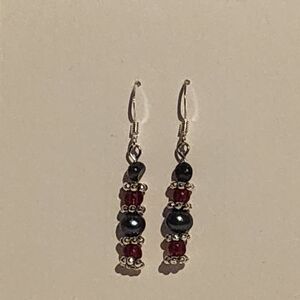 Handmade Freshwater Black Pearls and Red Glass Beaded Earrings